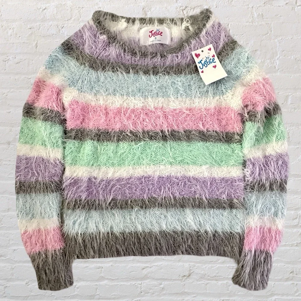 Justice Girls Fuzzy Pastel‎ Multicolor Striped Sweater Girls 5 Cozy Soft NWT